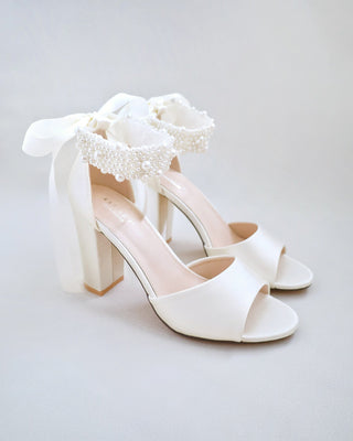 Satin Block Heel Wedding Sandals with Perla Ankle StrapWomen Shoes
