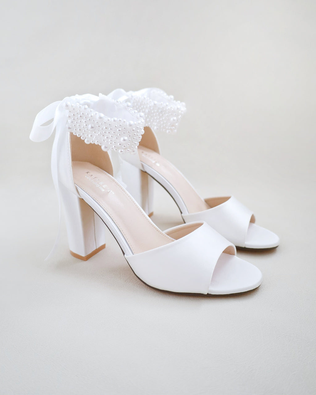 Satin Block Heel Wedding Sandal with Perla Strap, Dyeable Bridal Shoes