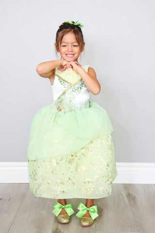 Gold Rock Glitter Mary Jane with Apple Green Satin BowKids Shoes