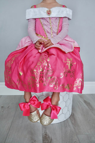 Gold Rock Glitter Mary Jane Flats with Fuchsia Satin BowKids Shoes