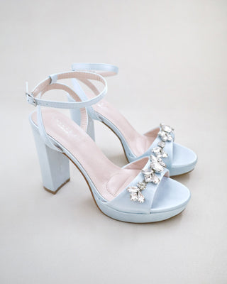 Satin Platform Block Heel Wedding Sandals with Navette RhinestonesWomen Shoes