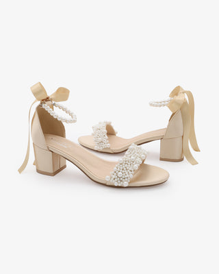 Satin Block Heel Evening Sandals with Perla AppliqueWomen Shoes