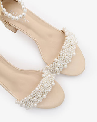 Satin Block Heel Evening Sandals with Perla AppliqueWomen Shoes