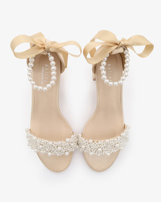 Satin Block Heel Evening Sandals with Perla AppliqueWomen Shoes