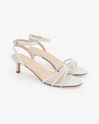 Satin Ankle Strap Low Heel Sandals with Mini PearlsWomen Shoes