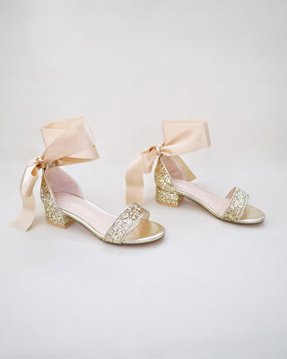Rock Glitter Low Block Heel Girls Sandals with Wrapped Satin TieKids Shoes