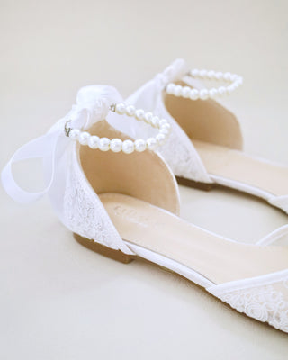 Crochet Lace Pointy Toe Flats with Small Pearls AppliqueWomen Shoes