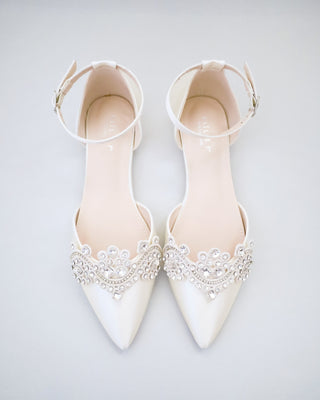 Satin Pointy Toe Flats with Rhinestones Applique EmbellishmentsWomen Shoes