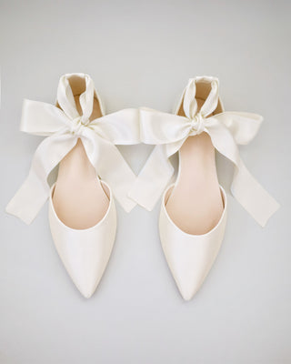 Satin Pointy Toe Bridal Flats with Ribbon Tie or Pearls StrapWomen Shoes