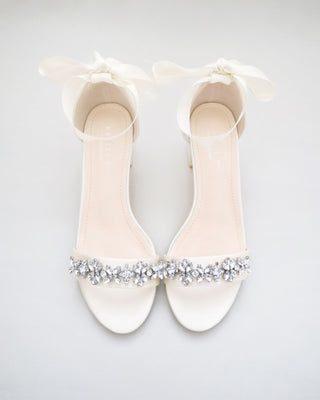 Satin Block Heel Sandals with Floral RhinestonesWomen Shoes
