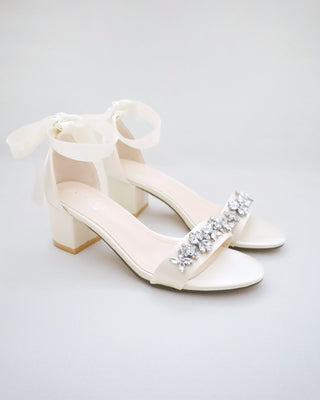 Satin Block Heel Sandals with Floral RhinestonesWomen Shoes