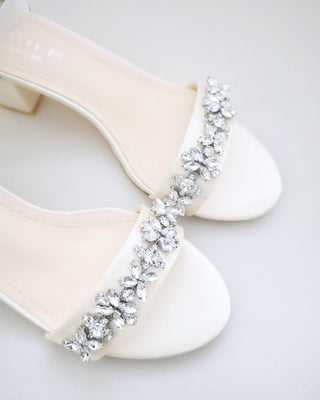 Satin Block Heel Sandals with Floral RhinestonesWomen Shoes