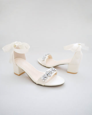 Satin Block Heel Sandals with Floral RhinestonesWomen Shoes