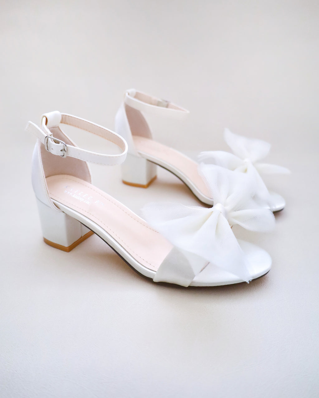 White Satin Block Heel Sandal with Oversized Tulle Bow, Wedding Shoes