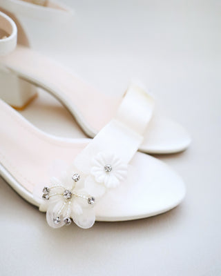 Satin Block Heel Wedding Sandals with Flower AppliquesWomen Shoes