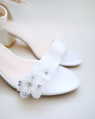 Satin Block Heel Wedding Sandals with Flower AppliquesWomen Shoes