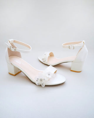 Satin Block Heel Wedding Sandals with Flower AppliquesWomen Shoes