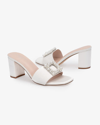 Satin Block Heels Slide Wedding Sandals with Pearlisse BuckleWomen Shoes