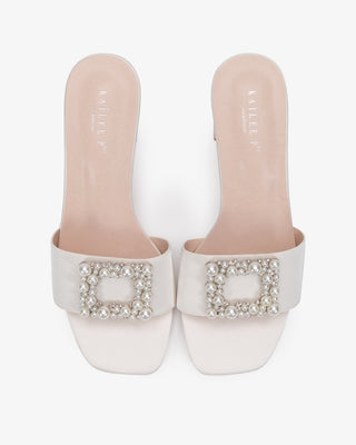 Satin Block Heels Slide Wedding Sandals with Pearlisse BuckleWomen Shoes
