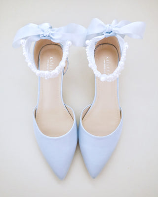 Satin Pointy Toe Kitten Low Heel with Perla Ankle StrapWomen Shoes
