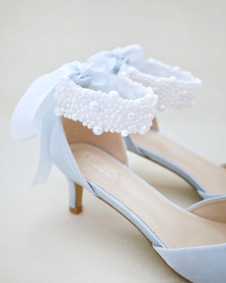 Satin Pointy Toe Kitten Low Heel with Perla Ankle StrapWomen Shoes
