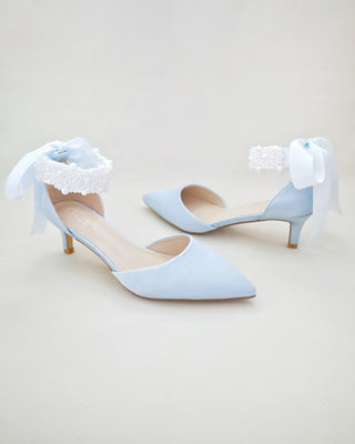 Satin Pointy Toe Kitten Low Heel with Perla Ankle StrapWomen Shoes