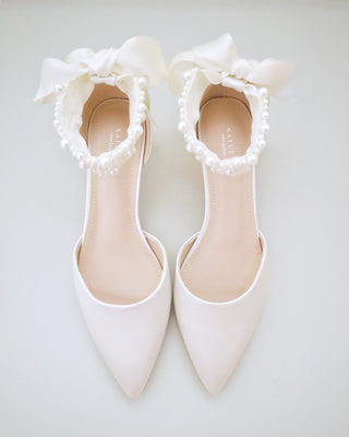 Satin Pointy Toe Kitten Low Heel with Perla Ankle StrapWomen Shoes