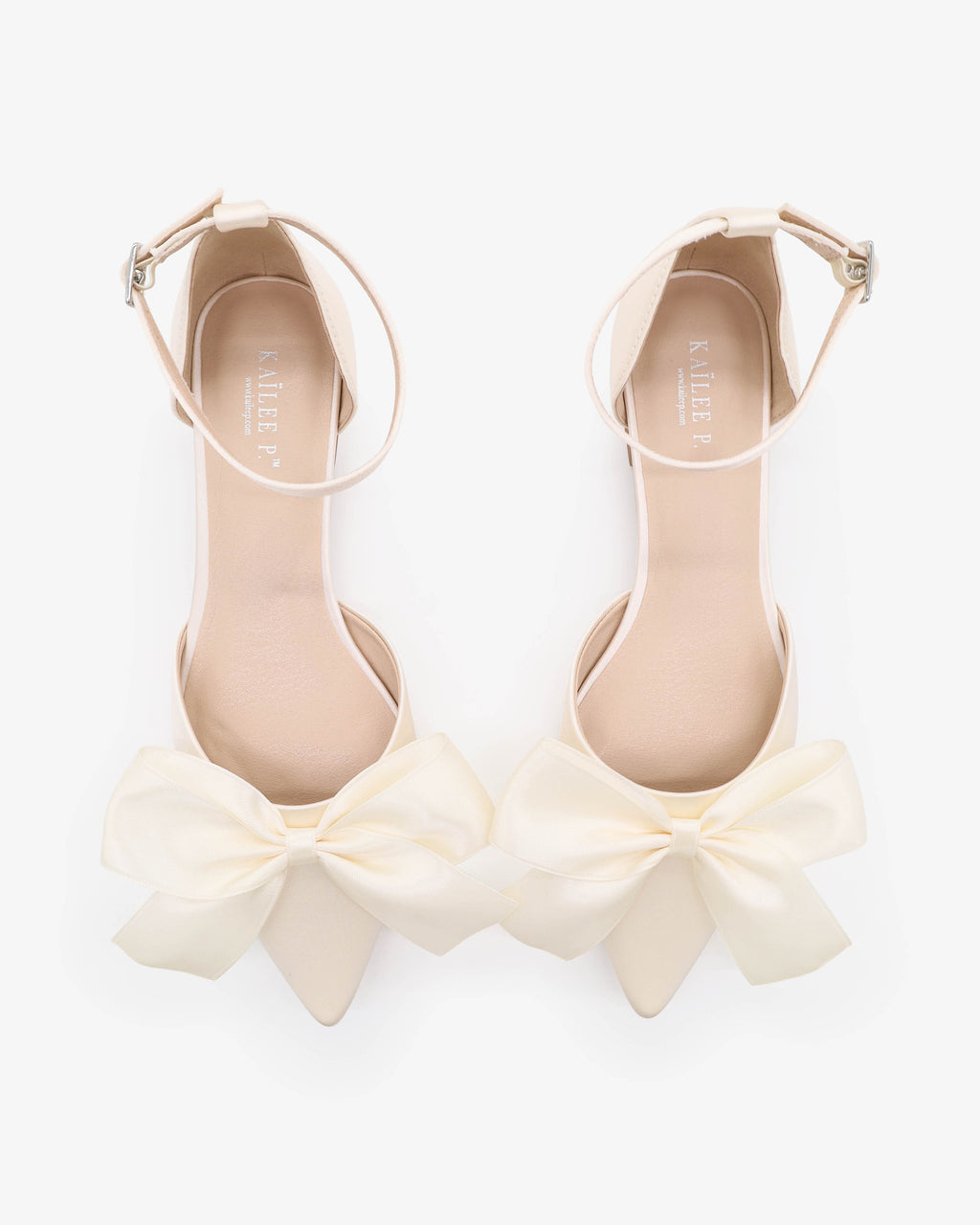 Ivory Satin Pointy Toe Flats with Front Satin Bow - Wedding Shoes ...