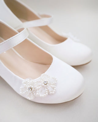 Girls Satin Mary Jane Block Heel with All Pearls Chassia FlowersKids Shoes