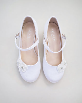Girls Satin Mary Jane Block Heel with All Pearls Chassia FlowersKids Shoes