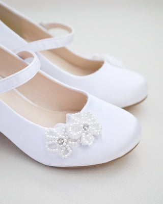Girls Satin Mary Jane Block Heel with All Pearls Chassia FlowersKids Shoes