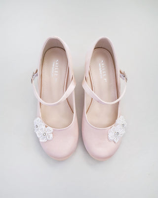 Girls Satin Mary Jane Block Heel with All Pearls Chassia FlowersKids Shoes