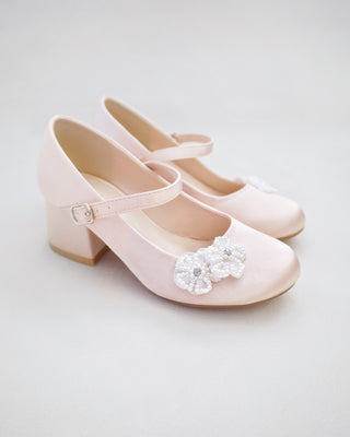 Girls Satin Mary Jane Block Heel with All Pearls Chassia FlowersKids Shoes