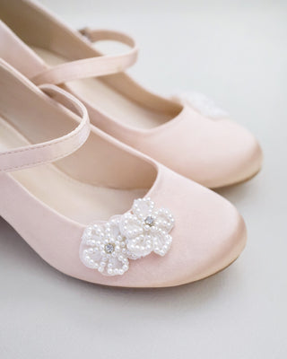 Girls Satin Mary Jane Block Heel with All Pearls Chassia FlowersKids Shoes