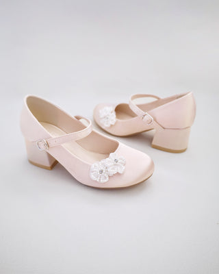 Girls Satin Mary Jane Block Heel with All Pearls Chassia FlowersKids Shoes