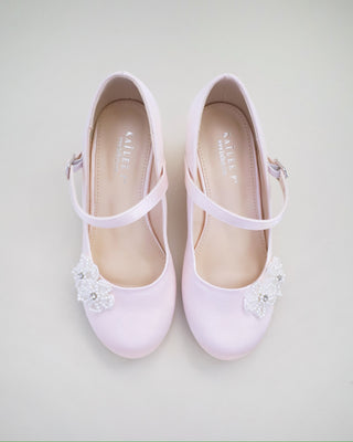 Girls Satin Mary Jane Block Heel with All Pearls Chassia FlowersKids Shoes
