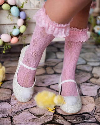 Rock Glitter Mary Jane Ballet Flats with White Faux Fur PuffKids Shoes