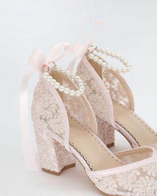 Dusty Pink Lace Block Heel Evening Shoes with All Pearls Ankle StrapWomen Shoes