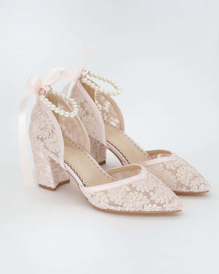 Dusty Pink Lace Block Heel Evening Shoes with All Pearls Ankle StrapWomen Shoes