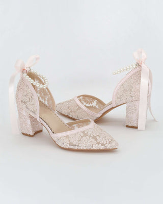 Dusty Pink Lace Block Heel Evening Shoes with All Pearls Ankle StrapWomen Shoes