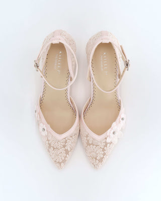Dusty Pink Lace Block Heels Evening Shoes with Flower AppliqueWomen Shoes