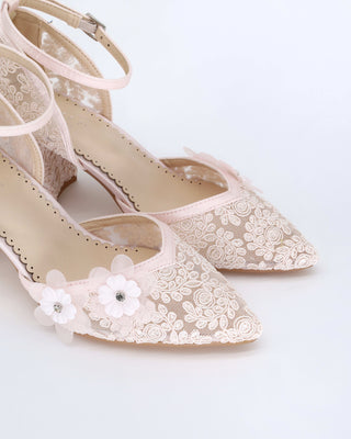 Dusty Pink Lace Block Heels Evening Shoes with Flower AppliqueWomen Shoes