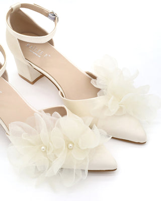 Satin Pointy Toe Low Block Heels Wedding Shoes with Ophelia FlowersWomen Shoes