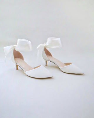 Satin Pointy Toe Kitten Low Heel with Wrapped Ankle TieWomen Shoes
