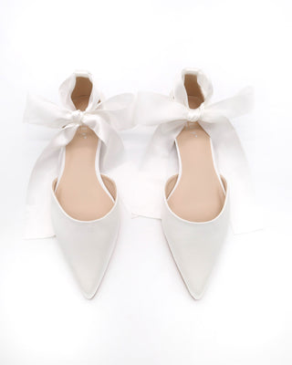 Satin Pointy Toe Bridal Flats with Ribbon Tie or Pearls StrapWomen Shoes