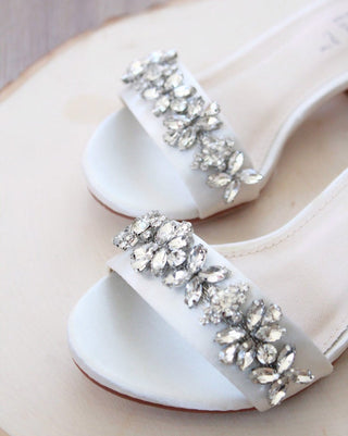 Satin Block Heel Sandals with Floral RhinestonesWomen Shoes