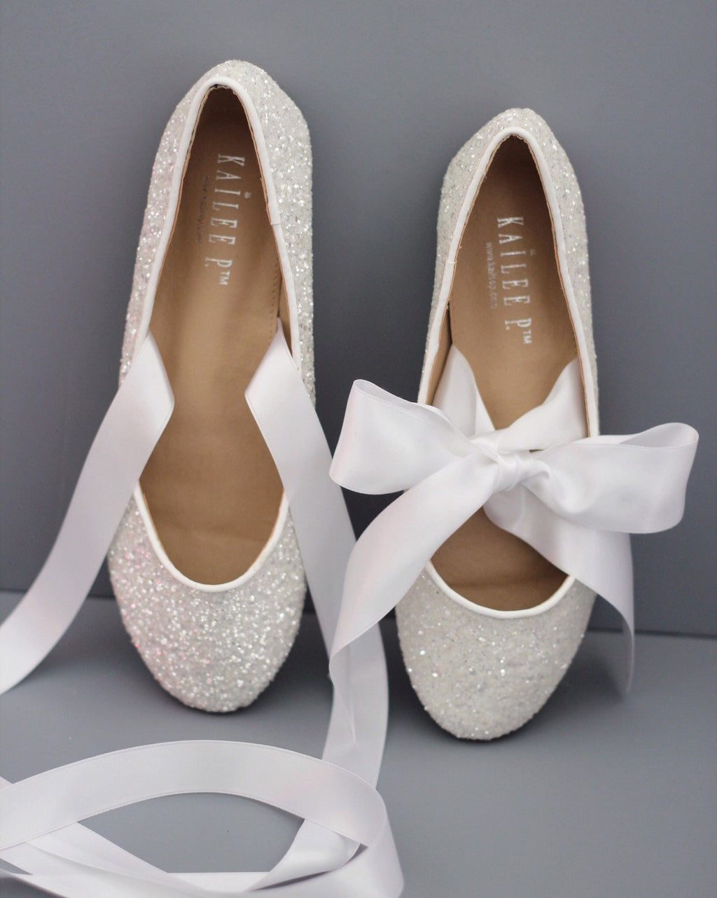 Glitter Flats with Satin Ties, White Shoes, Wedding Shoes, Bridal Flat
