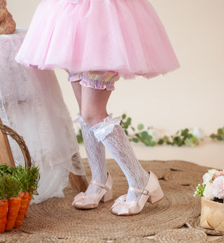 Girls Satin Mary Jane Block Heel with Front Satin BowKids Shoes