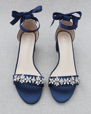 Satin Block Heel Sandals with Floral RhinestonesWomen Shoes