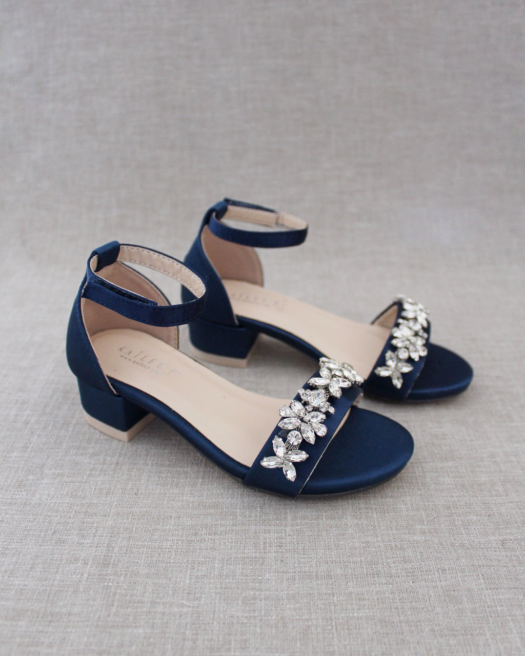 Satin Girl Block Heel Sandals with Floral Rhinestones, Bridesmaids Sandals